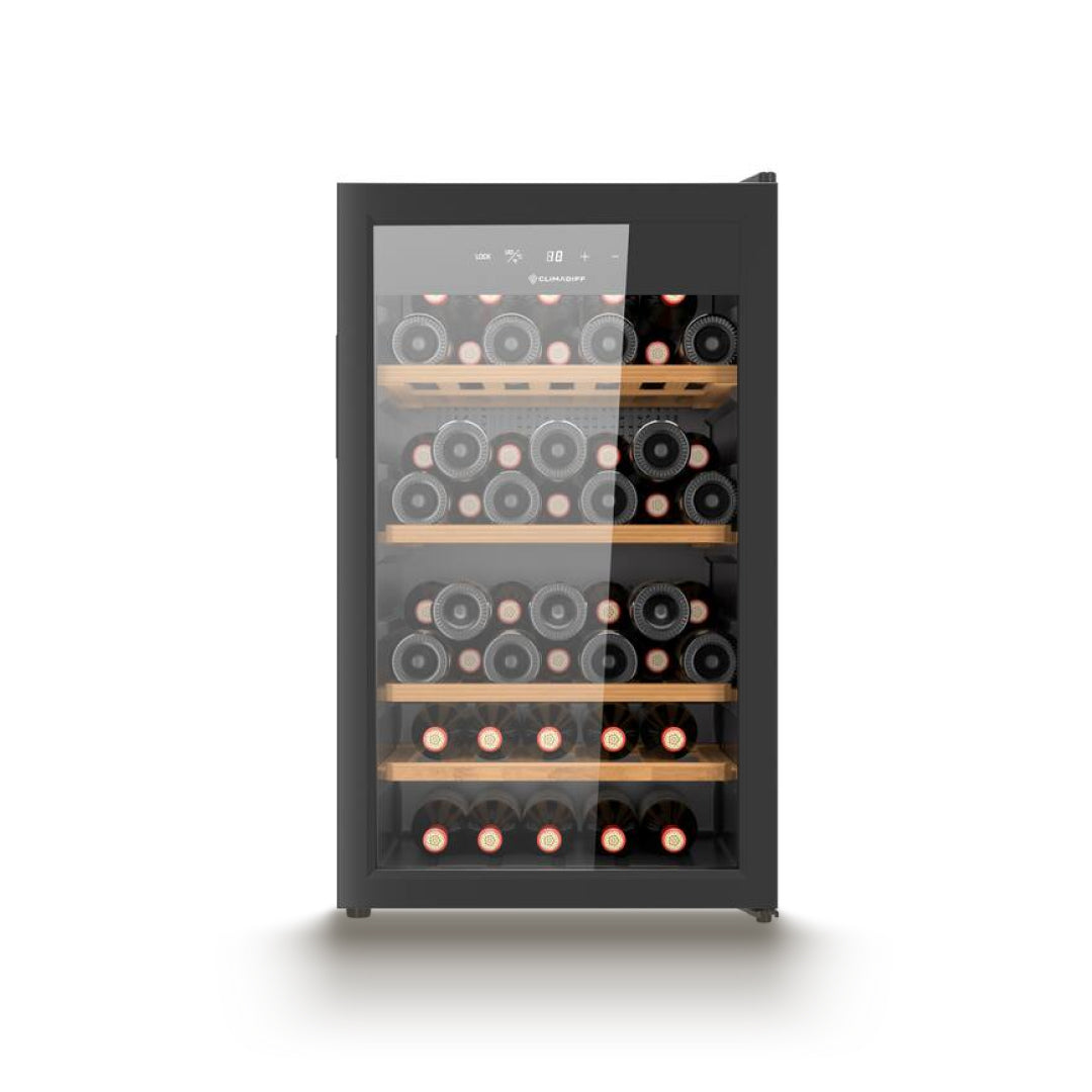 CLIMADIFF Weinkühlschrank CLS65B1 – 63 Flaschen, 5-20°C, UV-Glastür, Freistehend, Energieklasse F